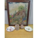 A 1940's tapestry, two Poole Pottery Sylvan ware Brunt Baccy Taunton A/F and two plates