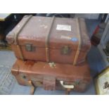 Two vintage leather twin handled suitcases and mixed framed pictures to include Michael Hunter