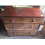 A Victorian mahogany chest of three long drawers on bun shaped feet, 86h x 94.5cm w
