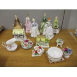 Six Royal Worcester figure of ladies, two Coalport model houses and other ceramics