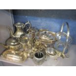 A quantity of silver plated items to include tea and coffee pots, trays and other items