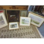 A mixed lot of pictures to include an oil on canvas of a barn scene, framed and glazed