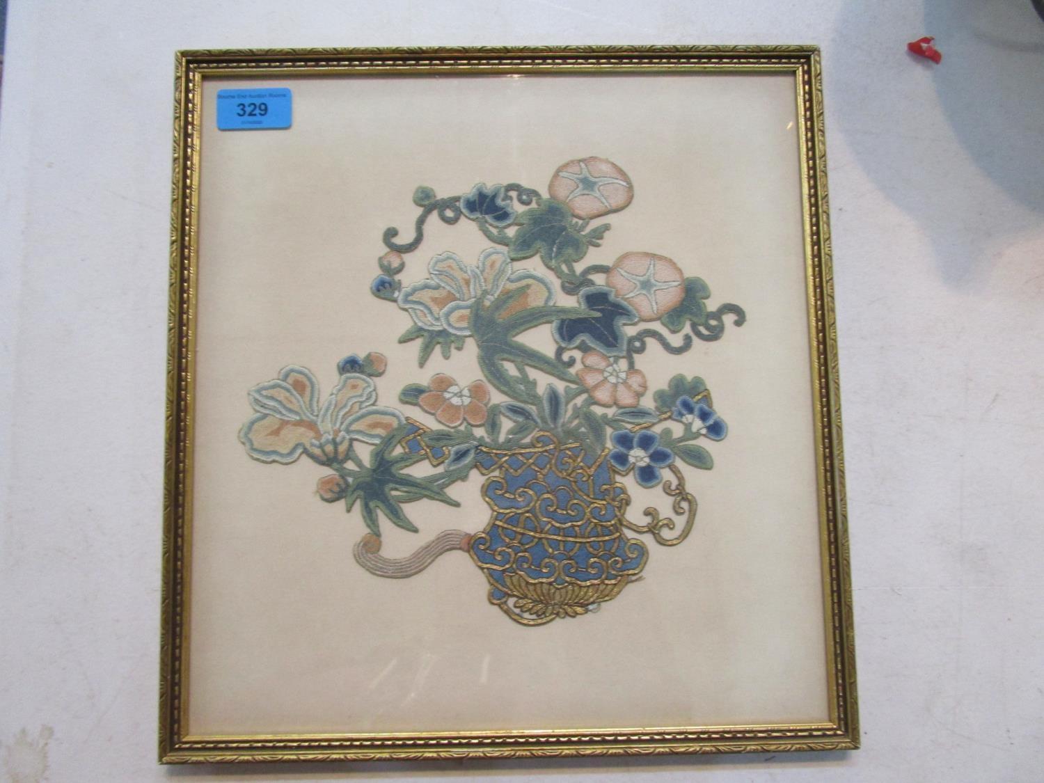 A framed and glazed Chinese cut out embroidery picture of a vase of flowers Location: LWM - Image 2 of 2