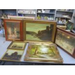 A mixed lot of pictures to include an oil painting of a Scottish scene labelled to the back