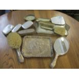 Silver and silver plated dressing table items to include a silver tray A/F and silver handled