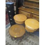 A reproduction French style circular topped occasional table, together with a pair of beech tables