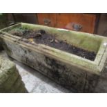 Three garden composition stone trough planters to include one decorated with dancing figures, 29h