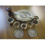 Mixed silver items to include napkin rings, tray, together with two white metal small saucers and