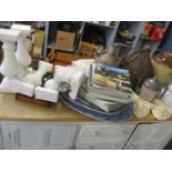 A vintage lot to include a large white enamelled teapot, meat platters, a box of green glass