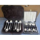 A set of six silver coffee spoons and a set of six silver teaspoons with tongs, boxed