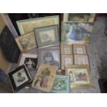 Pictures to include J Simmonds - a view of a door, a 19th century portrait, print a study of a