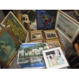 Pictures to include oils and prints, a girl riding a cockerel, a harbour scene and others