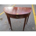 An early 19th century mahogany demi lune side table with single inset drawer, 79h x 89cm w