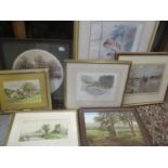 Pictures to include J Whipple - Cottages and Chickens, Watercolour, a Gordon King print, a