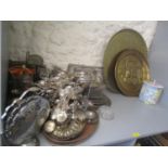 A mixed lot to include silver plated items, a large Middle Eastern tray, LPs, together with a fur