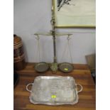 A modern set of brass scales with attendant weights, 72cm h and a silver plated tray, 56 cm w