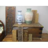 A mixed lot to include a Victorian pine twin handled trunk, a selection of specula treen moulds