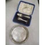 A boxed Harrods silver christening set, together with a white metal pin dish, 96.65g