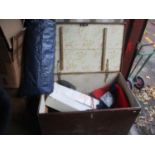 A 19th century twin handled trunk containing mixed items to include blinds, old rope and other items