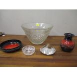 Two Iceland Glit HP Lava ceramic items, a glass punch bowl, paperweight and a dish