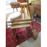 A reproduction nest of lyre ended tables, a copper bed pan and bellow, along with a small elm stool