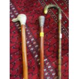 A selection of miscellaneous walking canes to include a silver topped walking cane
