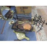 Mixed metalware to include a pair of brass candlesticks, fire bellows, dressing table mirror, fire