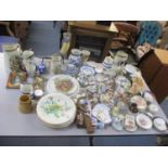 A mixed lot to include a horn mounted on a stand, Cornish ware, Goebel bird ornament, thimbles, late