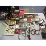 Costume jewellery to include silver items, silver gilt chains, hat pins, hard stone jewellery, loose