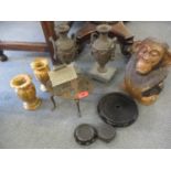 A Retro metallic Noddy moneybox, three Oriental hardwood stands, a pair of onyx vases, a pair of