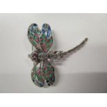 Silver dragonfly brooch/pendant set with ruby eyes and marcasites, and inlaid with coloured enamel