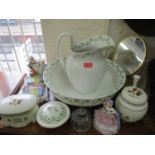 A T Goode & Co white china wash bowl and matching jug with green garland and bow decoration to the
