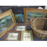 Pictures to include two Japanese landscape oil on board prints and a vintage wicker basket reputed