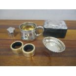 Silver to include a Dutch pill box, a dish and a cup holder stamped 800, two wine bottle drip