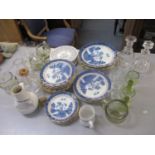 Ceramics and glassware to include a decanter, various glasses, Booth Willow pattern plates and