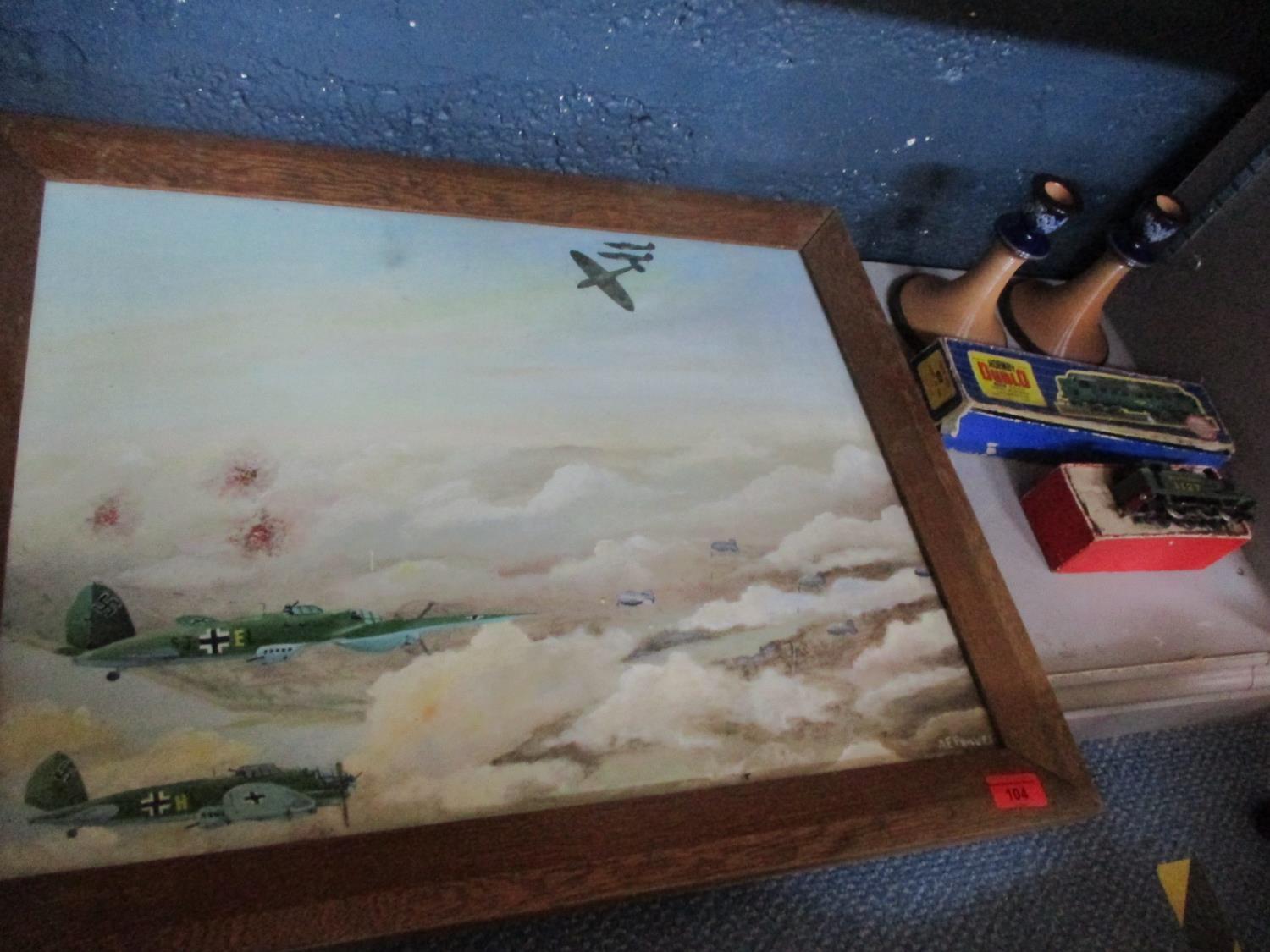 An oil on board depicting a view of Spitfires, balloons and German planes in flight together with