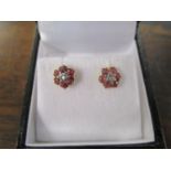 9ct yellow gold ruby and diamond floral-style stud earrings, boxed
