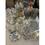 A pair of German SKS Zinn pewter tankards, a copper jug, a Viners four piece tea set, silver plate