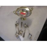Five silver coffee spoons and a silver gilt pedestal dish 186g