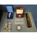 A small group of wristwatches to include a boxed Seiko watch and a brass cased Railway Timekeeper'
