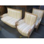 A Harrods Louis XV1 style part gilt beech framed open suite with carved ornament on turned legs,