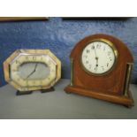 Two early 20th century mantle clocks, an inlaid mahogany mantle clock with open brass columns and