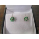 9ct yellow gold emerald and diamond floral-style stud earrings, boxed