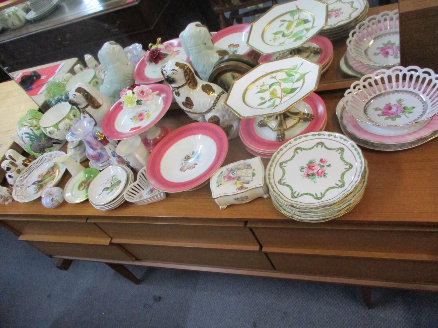 Mixed 20th century ornaments and china to include a Royal Worcester creamer and Staffordshire dogs