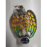 Silver eagle brooch/pendant set with cabochon sapphire, ruby eye and marcasites, and inlaid with