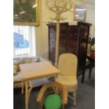 A vintage painted bentwood hat and coat stand, along with a Lloyd Loom chair, table and a wicker