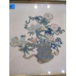 A framed and glazed Chinese cut out embroidery picture of a vase of flowers Location: BWR