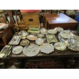 A quantity of silver plate to include a large oval galleried tray, cased ivory and white metal salad