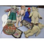 Three tapestry and needlework bags, teddies and dolls