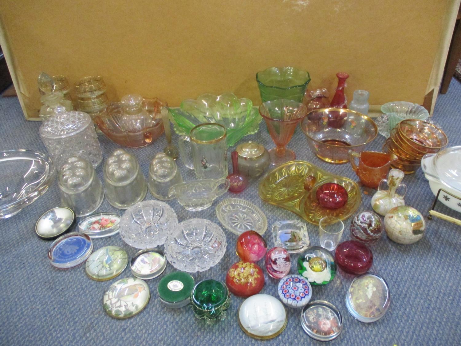 A quantity of 1920's glassware and later to include pressed and coloured table glass, vases,